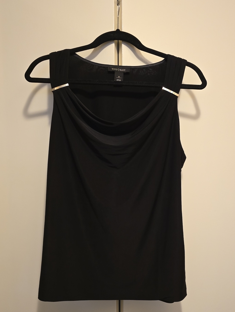 White House Black Market Black Cowl Neck Tank with Gold Accents